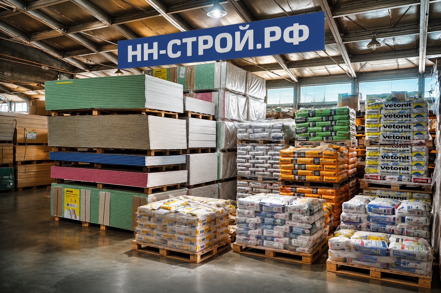 Штукатурные смеси, шпаклёвки и гипсокартон на складе НН‑Строй, Нижний Новгород